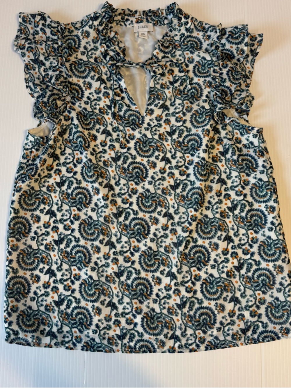 J.Crew XS Floral Paisley Ruffle Flutter Sleeve Keyhole Neck Blouse Top Blue